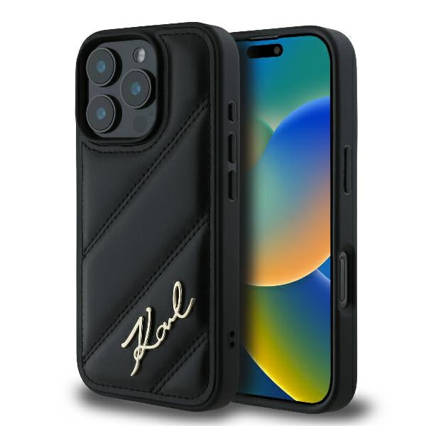 Custodia per Apple iPhone 16 Pro Max, Karl Lagerfeld, Diagonal Quilted Script, Nera