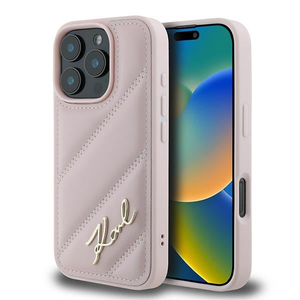 Custodia per Apple iPhone 16 Pro Max, Karl Lagerfeld, Diagonal Quilted Script, Rosa