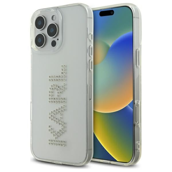 Custodia per Apple iPhone 16 Pro Max, Karl Lagerfeld, IML Rhinestones Transparent Logo, Trasparente