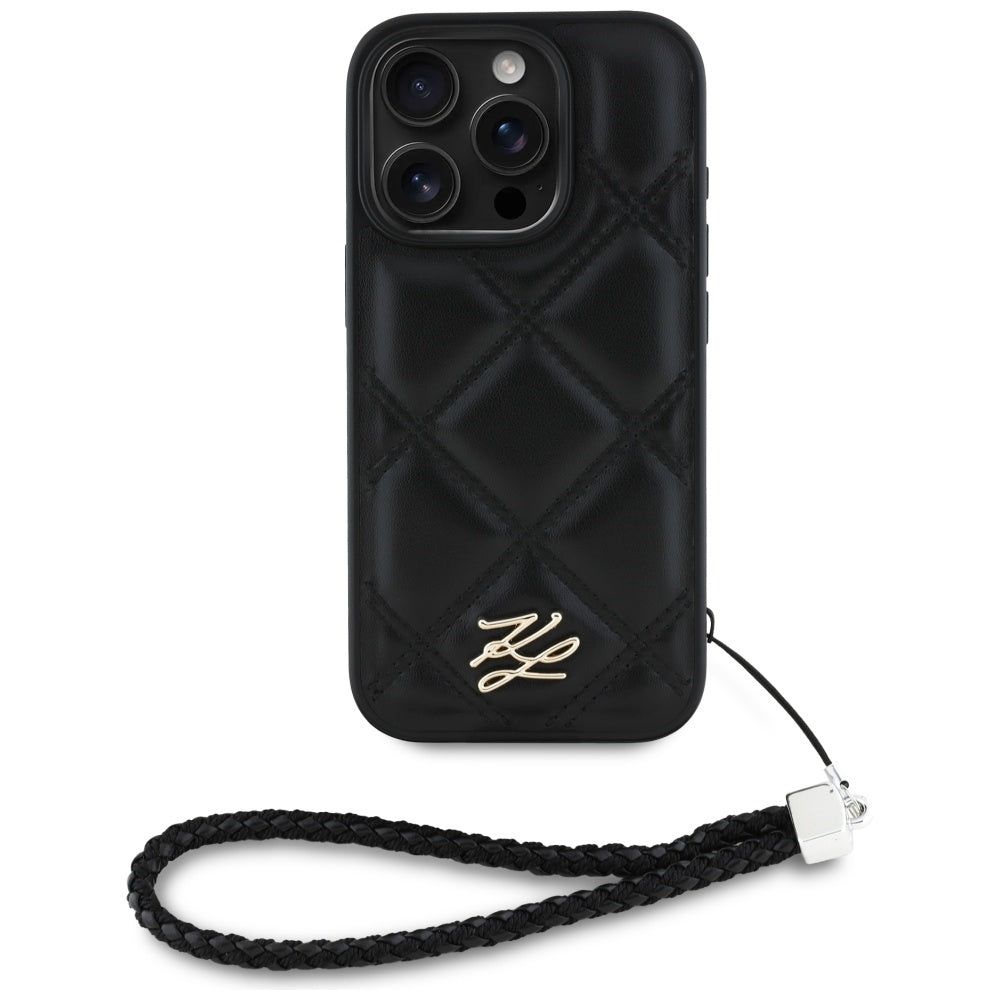 Custodia per Apple iPhone 16 Pro Max, Karl Lagerfeld, Quilted Initial Logo & Chain Strap, Nera