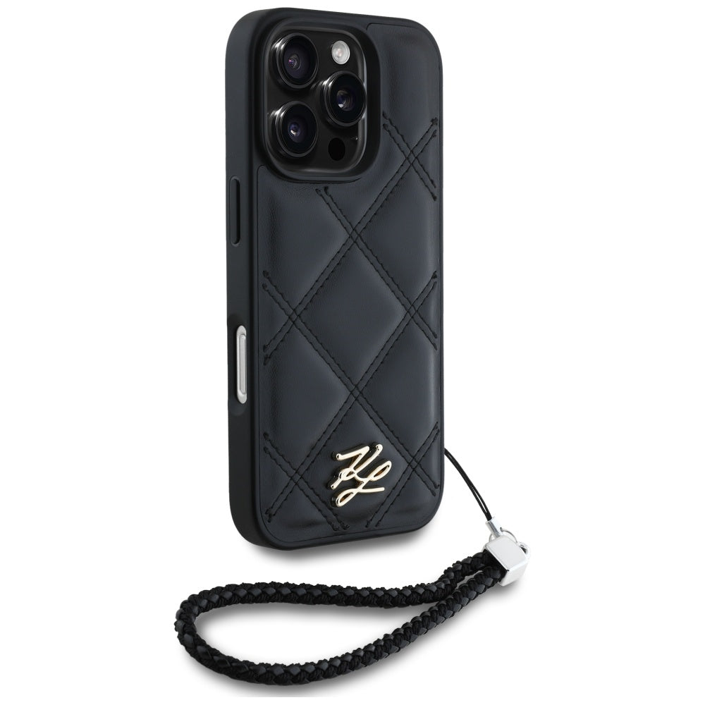 Custodia per Apple iPhone 16 Pro Max, Karl Lagerfeld, Quilted Initial Logo & Chain Strap, Nera
