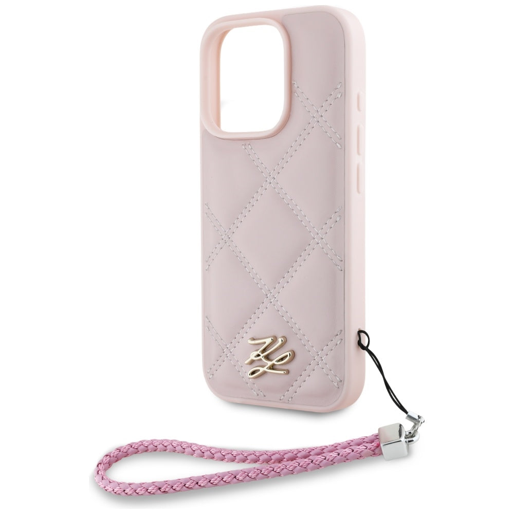 Custodia per Apple iPhone 16 Pro Max, Karl Lagerfeld, Quilted Initial Logo & Chain Strap, Rosa
