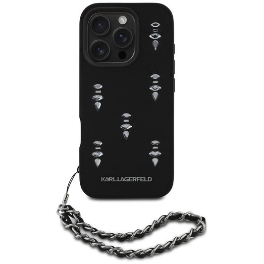 Custodia per Apple iPhone 16 Pro Max, Karl Lagerfeld, Saffiano Crystals & Charm, Nera