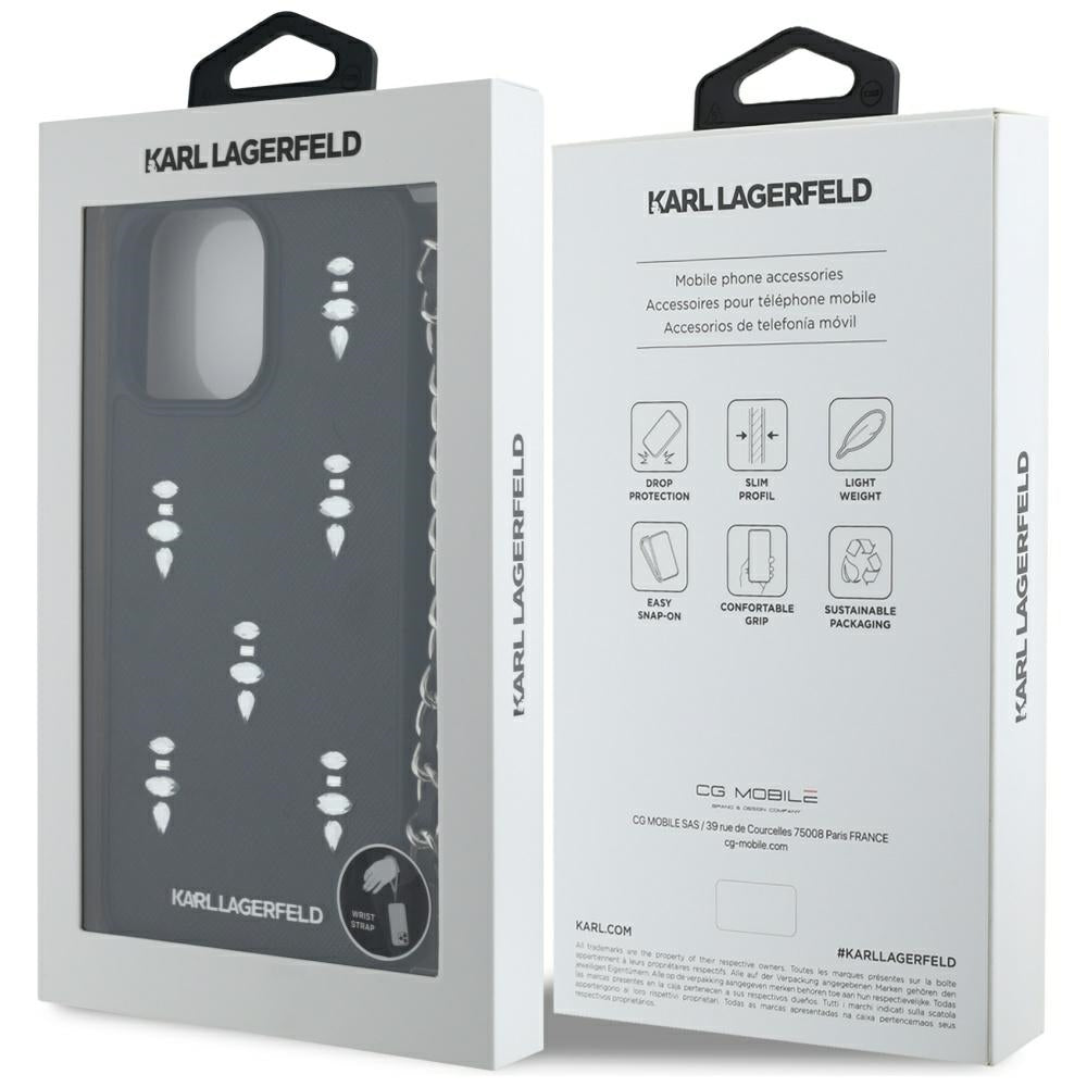 Custodia per Apple iPhone 16 Pro Max, Karl Lagerfeld, Saffiano Crystals & Charm, Nera