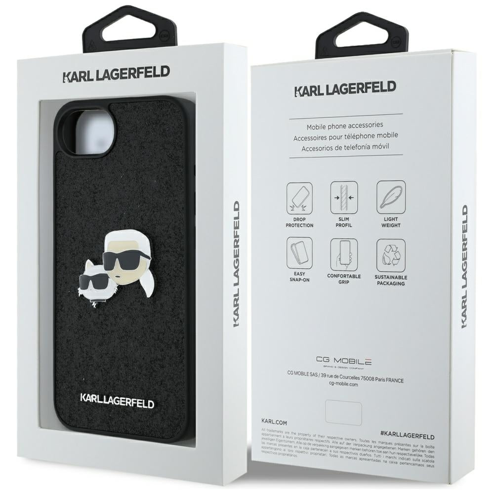 Custodia per Apple iPhone 17e / 16e, Karl Lagerfeld, Glitter Fixed Karl & Choupette's Heads, Nera