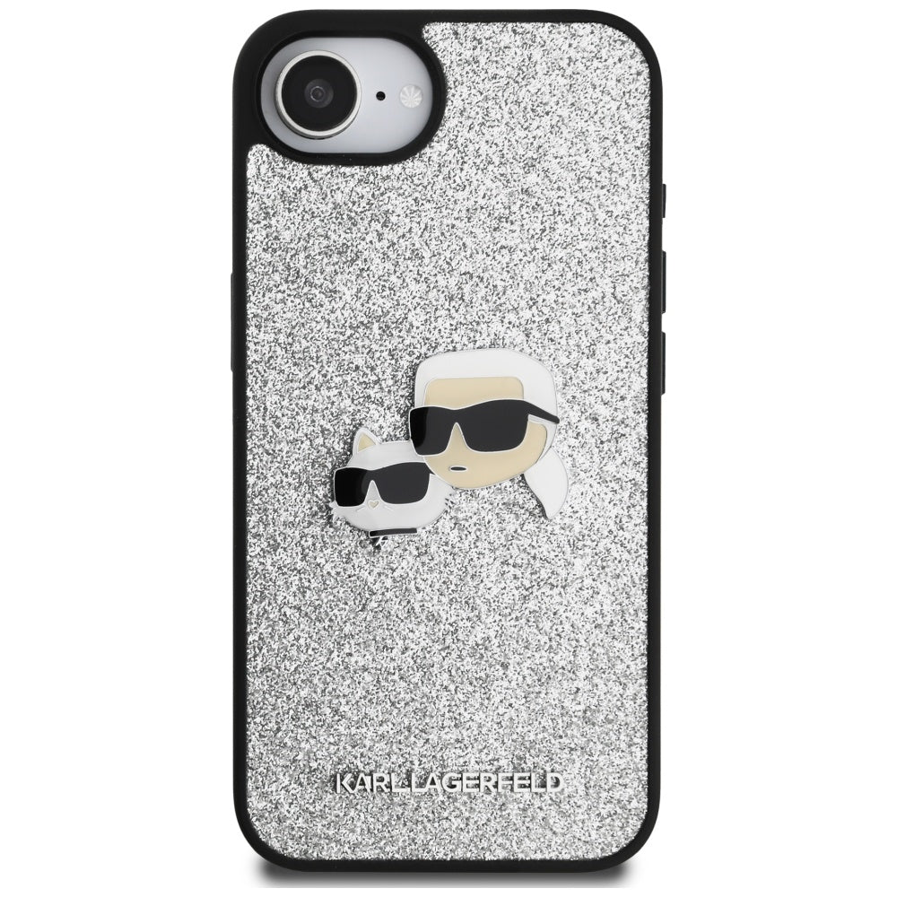 Custodia per Apple iPhone 17e / 16e, Karl Lagerfeld, Glitter Fixed Karl & Choupette's Heads, Argento