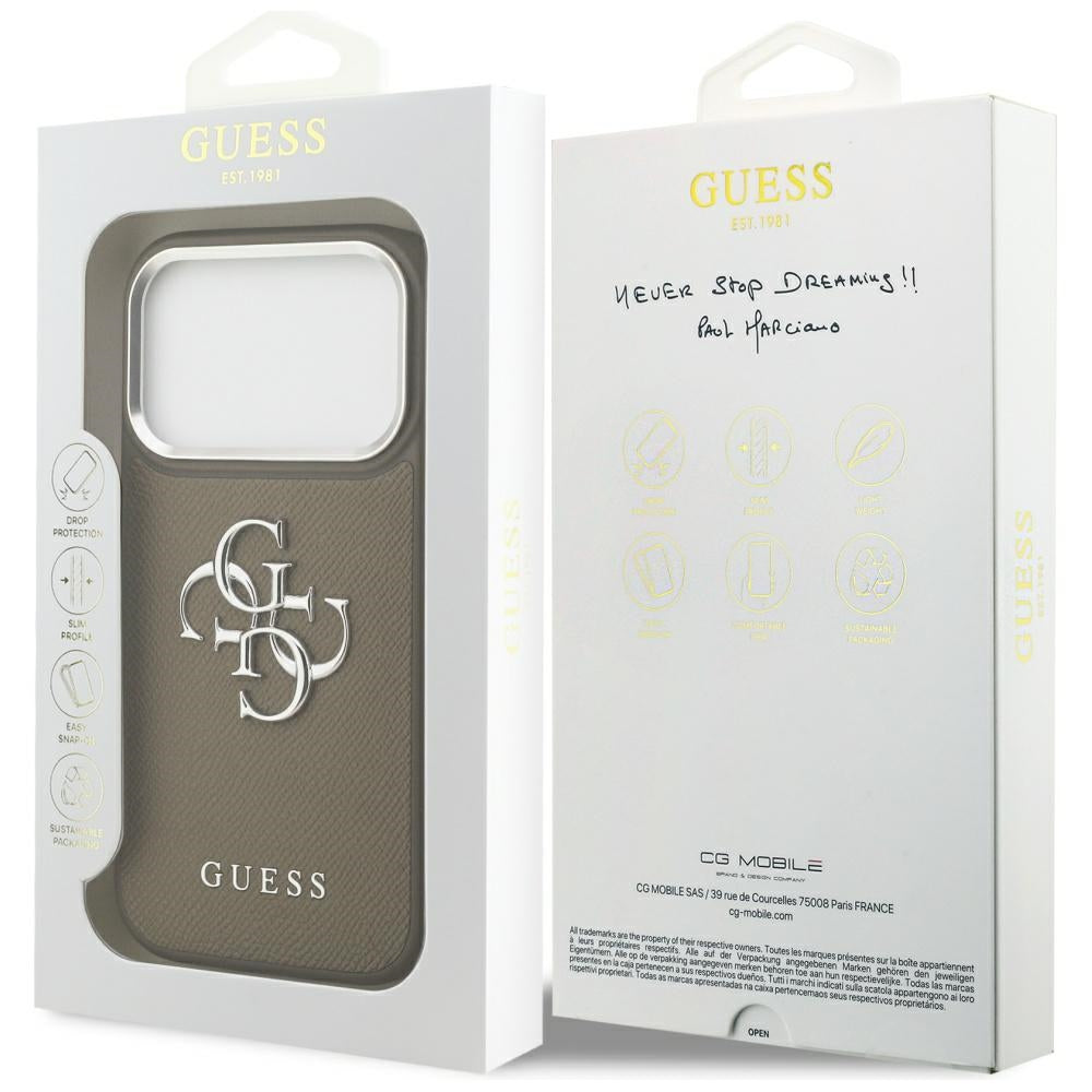 Case for Apple iPhone 17 Pro, Guess, 4G Grained Big And Classic Logo, Silver Brown