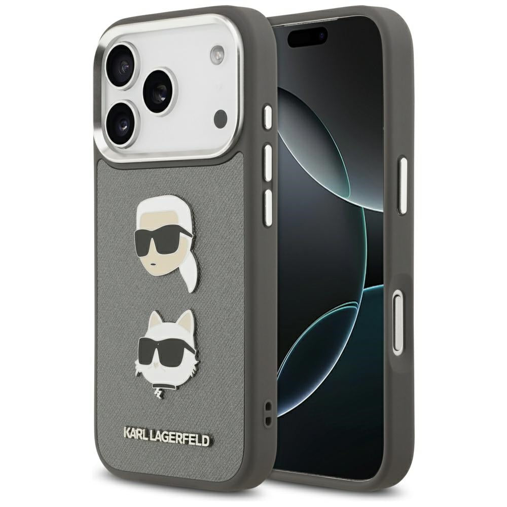 Custodia per Apple iPhone 17 Pro, Karl Lagerfeld, Grained Karl & Choupette's Heads Pins and Logo, Grigio