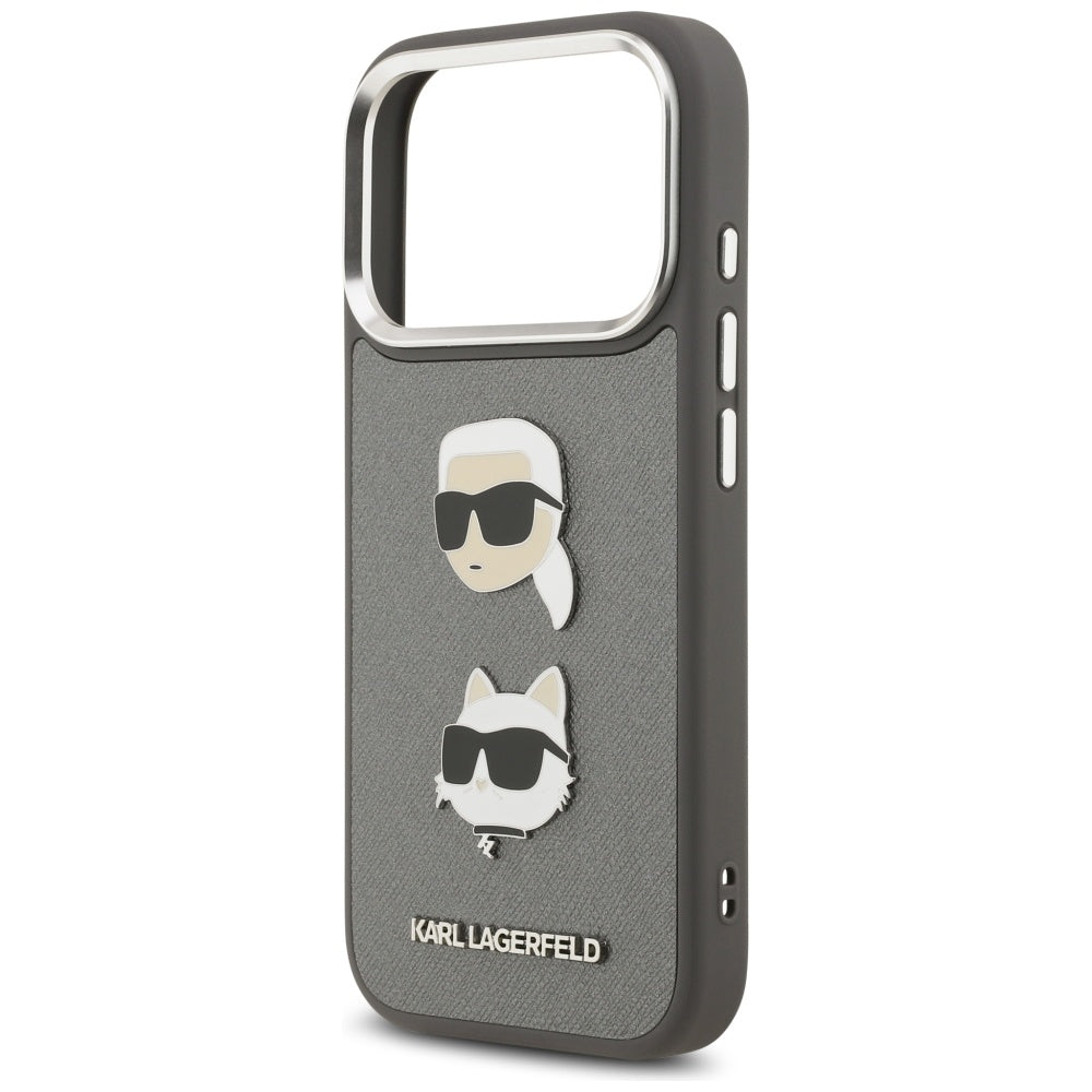 Custodia per Apple iPhone 17 Pro, Karl Lagerfeld, Grained Karl & Choupette's Heads Pins and Logo, Grigio
