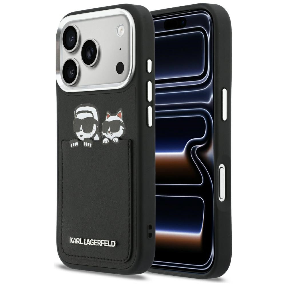 Custodia per Apple iPhone 17 Pro, Karl Lagerfeld, Karl & Choupette Print con tasca, Nera