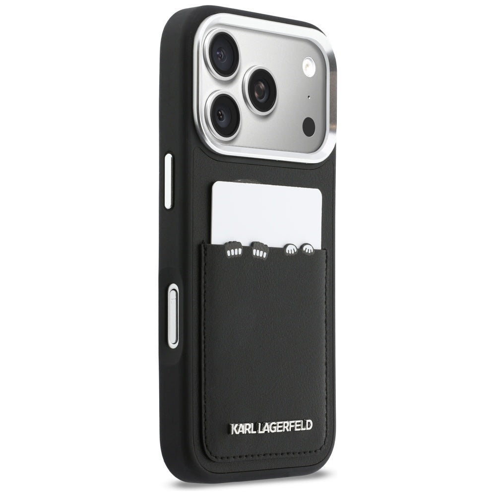 Custodia per Apple iPhone 17 Pro, Karl Lagerfeld, Karl & Choupette Print con tasca, Nera