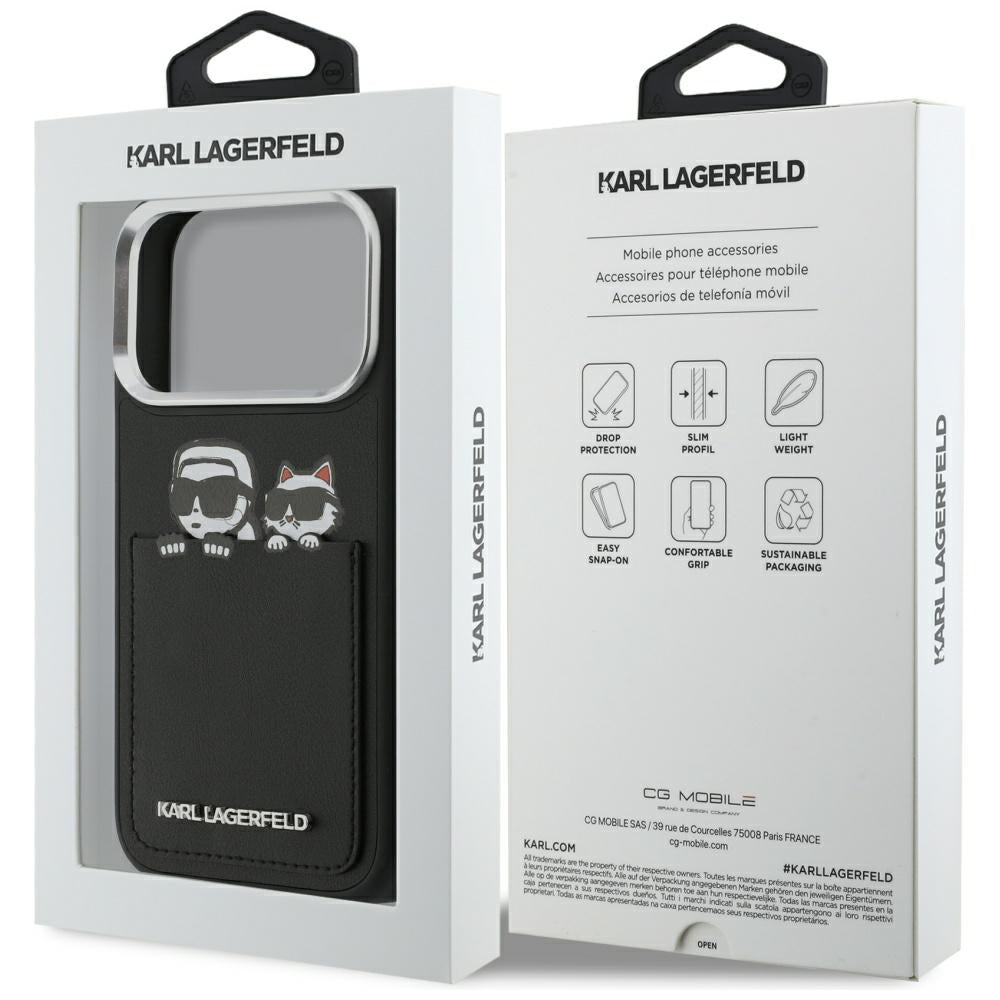 Custodia per Apple iPhone 17 Pro, Karl Lagerfeld, Karl & Choupette Print con tasca, Nera