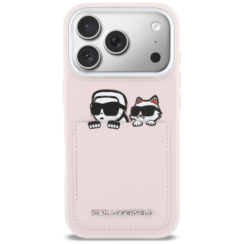 Custodia per Apple iPhone 17 Pro, Karl Lagerfeld, Karl & Choupette Print with Pocket, Rosa