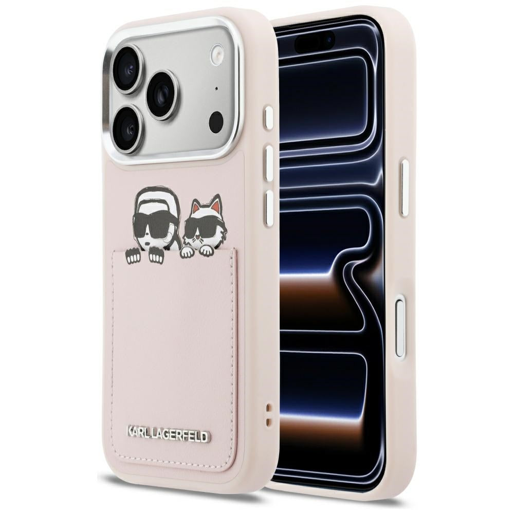 Custodia per Apple iPhone 17 Pro, Karl Lagerfeld, Karl & Choupette Print with Pocket, Rosa
