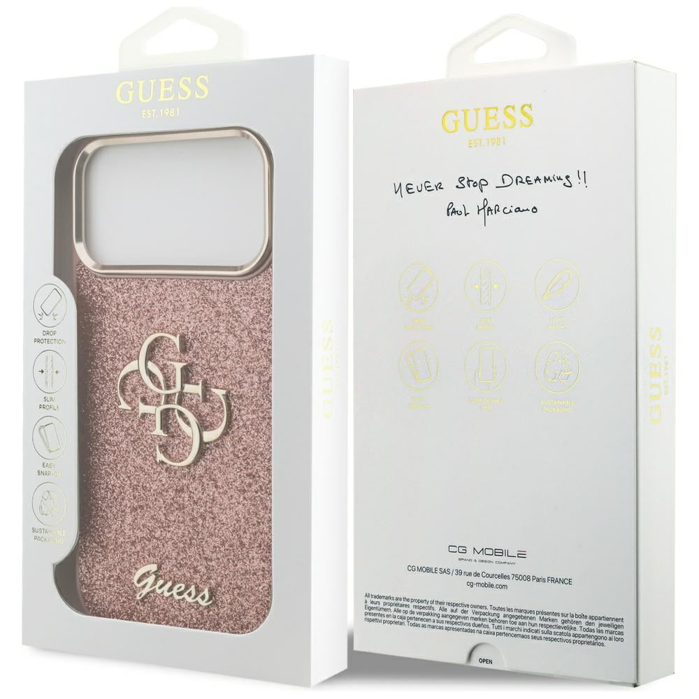 Custodia per Apple iPhone 17 Pro Max, Guess, Fixed Glitter Big 4G Metal Frame, Rosa