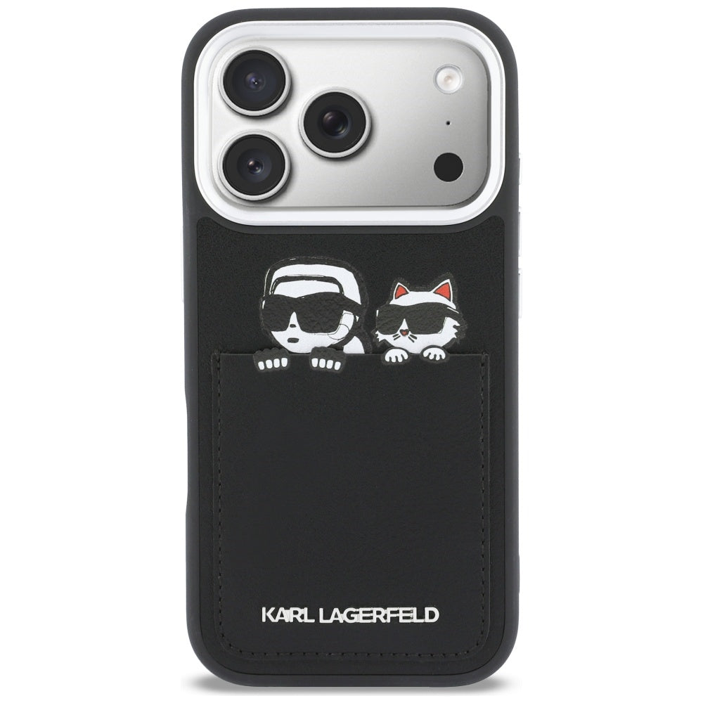 Custodia per Apple iPhone 17 Pro Max, Karl Lagerfeld, Karl & Choupette Print con tasca, Nera