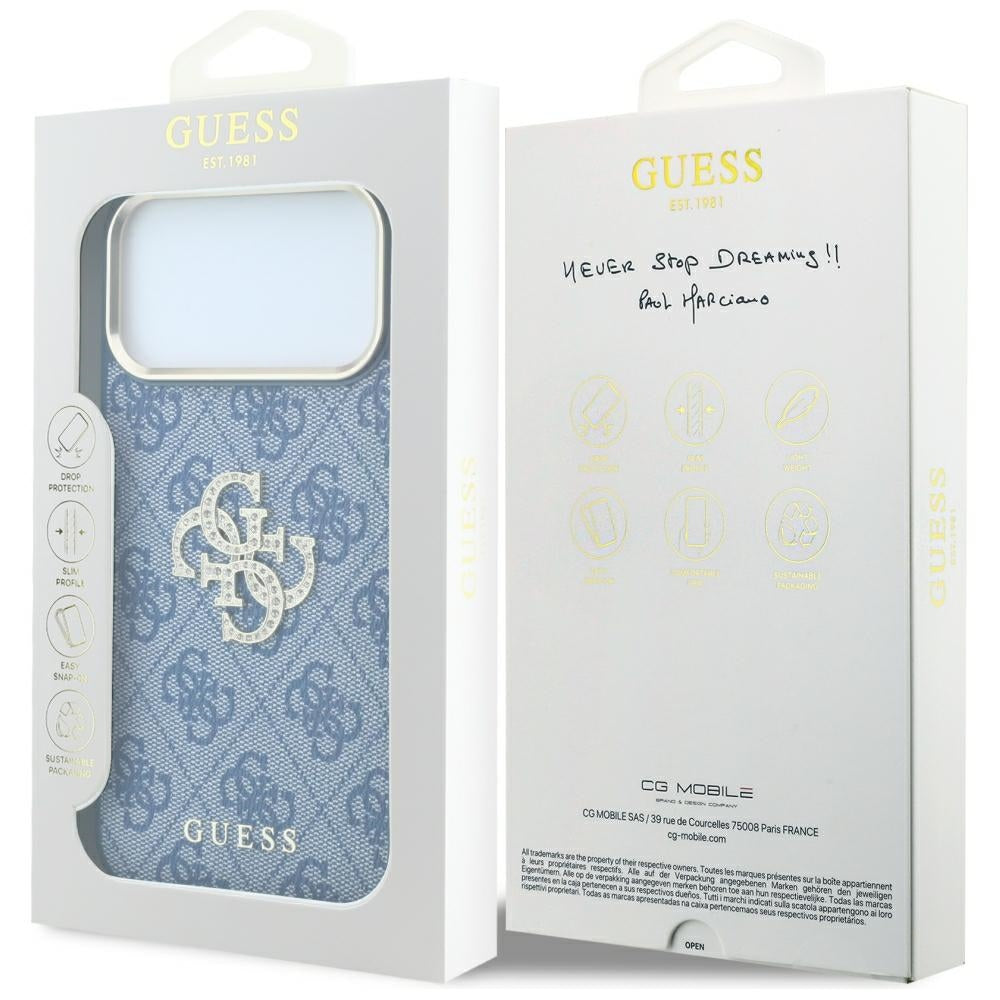 Custodia per Apple iPhone 18 Pro / 17 Pro, Guess, 4G Big Strass Logo, Blu