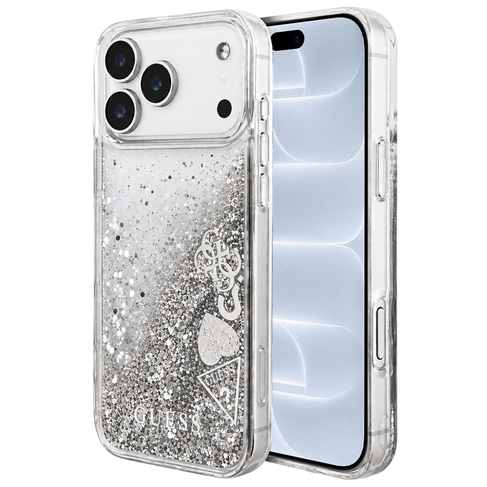 Custodia per Apple iPhone 18 Pro / 17 Pro, Guess, Liquid Glitter Charms, Argento
