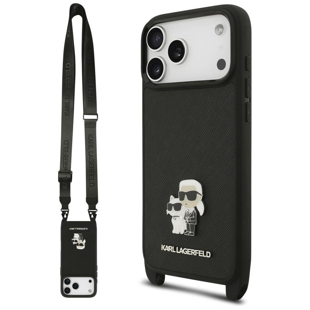 Custodia per Apple iPhone 18 Pro / 17 Pro, Karl Lagerfeld, Saffiano Crossbody Metal Pin Karl & Choupette, nera