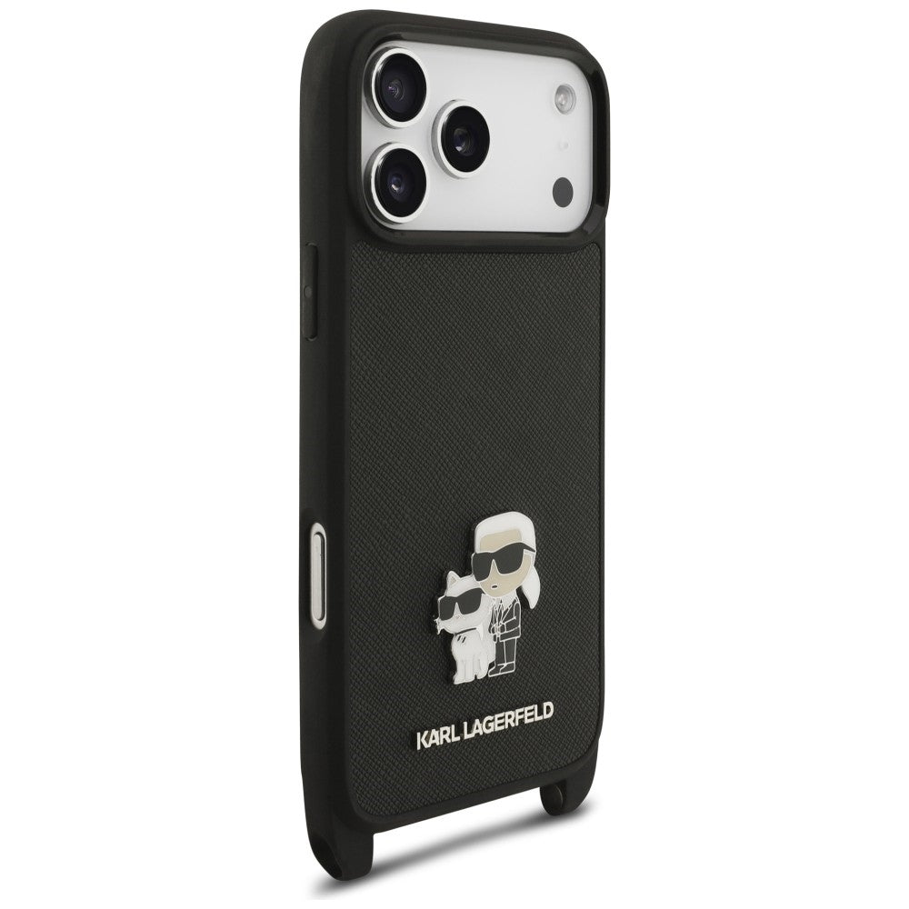Custodia per Apple iPhone 18 Pro / 17 Pro, Karl Lagerfeld, Saffiano Crossbody Metal Pin Karl & Choupette, nera