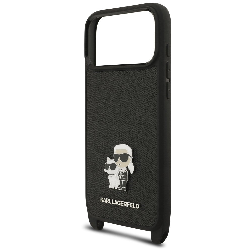 Custodia per Apple iPhone 18 Pro / 17 Pro, Karl Lagerfeld, Saffiano Crossbody Metal Pin Karl & Choupette, nera