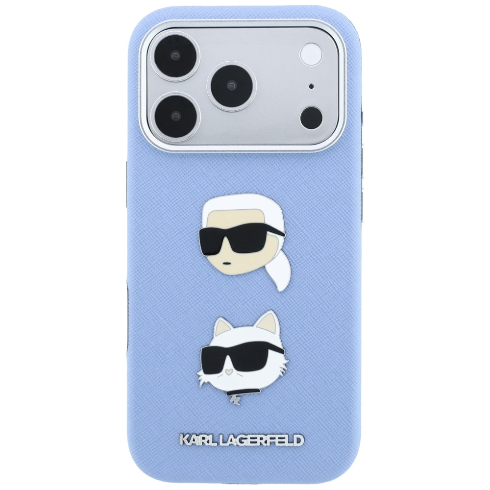 Custodia per Apple iPhone 18 Pro / 17 Pro, Karl Lagerfeld, Saffiano con spilla con le teste di Karl e Choupette e logo, blu