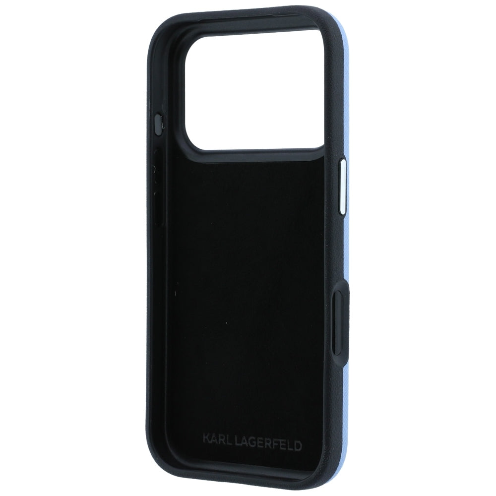 Custodia per Apple iPhone 18 Pro / 17 Pro, Karl Lagerfeld, Saffiano con spilla con le teste di Karl e Choupette e logo, blu