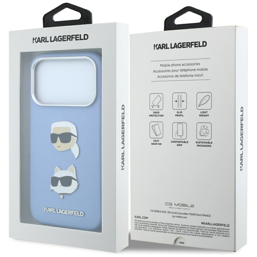 Custodia per Apple iPhone 18 Pro / 17 Pro, Karl Lagerfeld, Saffiano con spilla con le teste di Karl e Choupette e logo, blu