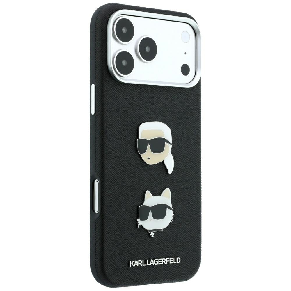 Custodia per Apple iPhone 18 Pro / 17 Pro, Karl Lagerfeld, Saffiano con spilla con le teste di Karl e Choupette e logo, nera