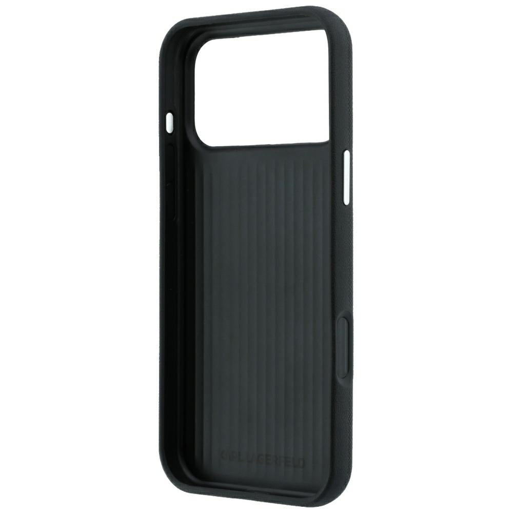 Custodia per Apple iPhone 18 Pro / 17 Pro, Karl Lagerfeld, Saffiano con spilla con le teste di Karl e Choupette e logo, nera