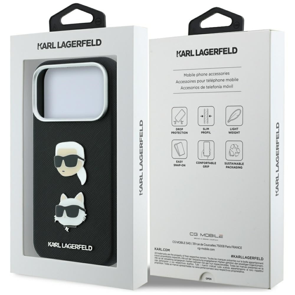 Custodia per Apple iPhone 18 Pro / 17 Pro, Karl Lagerfeld, Saffiano con spilla con le teste di Karl e Choupette e logo, nera