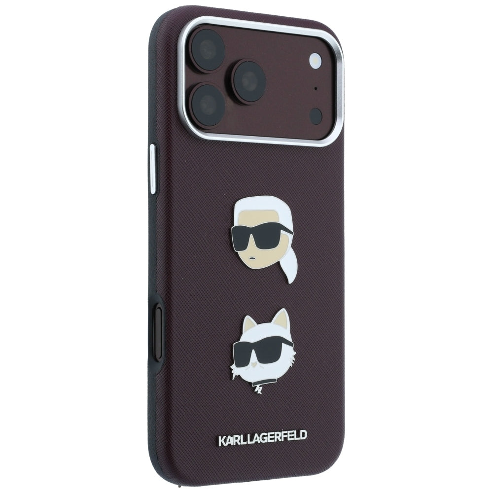 Custodia per Apple iPhone 18 Pro / 17 Pro, Karl Lagerfeld, Saffiano con Spilla Testa di Karl & Choupette e Logo, Vinaccia