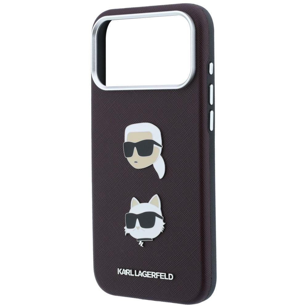 Custodia per Apple iPhone 18 Pro / 17 Pro, Karl Lagerfeld, Saffiano con Spilla Testa di Karl & Choupette e Logo, Vinaccia