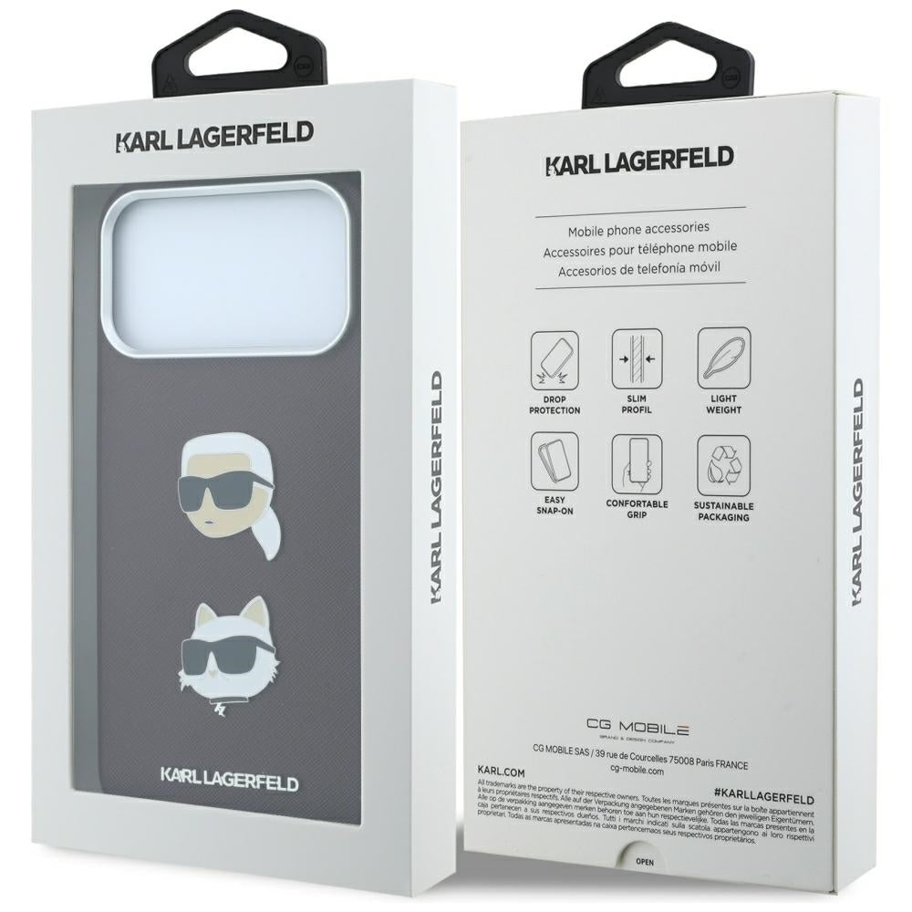 Custodia per Apple iPhone 18 Pro / 17 Pro, Karl Lagerfeld, Saffiano con Spilla Testa di Karl & Choupette e Logo, Vinaccia