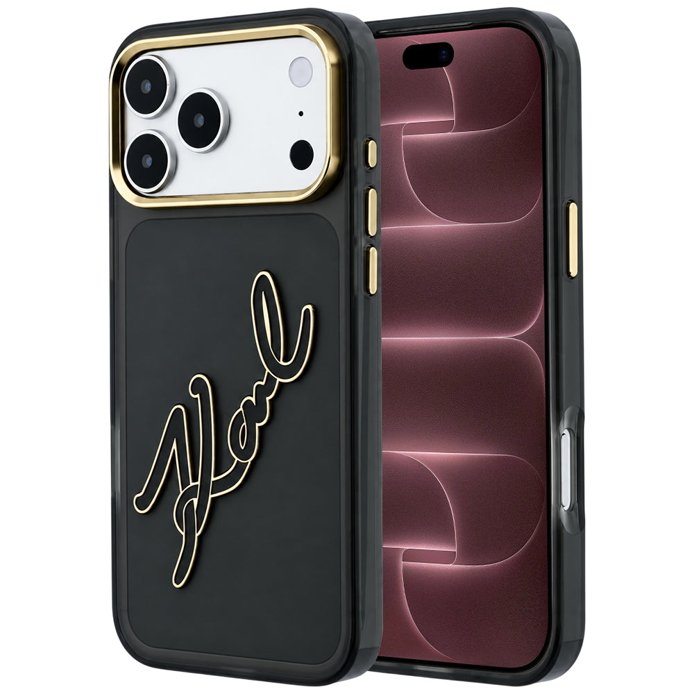 Custodia per Apple iPhone 18 Pro Max / 17 Pro Max, Karl Lagerfeld, IML Big Signature Resina Logo Cornice Metallica, Nera