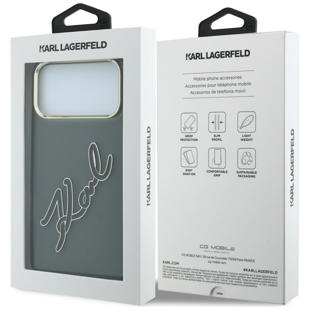 Custodia per Apple iPhone 18 Pro Max / 17 Pro Max, Karl Lagerfeld, IML Big Signature Resina Logo Cornice Metallica, Nera