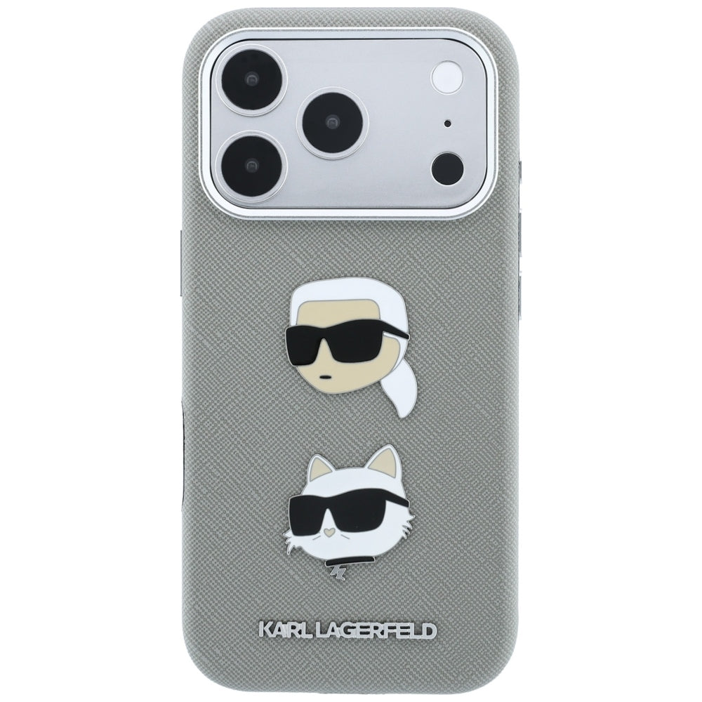 Custodia per Apple iPhone 18 Pro Max / 17 Pro Max, Karl Lagerfeld, Saffiano con spilla con le teste di Karl e Choupette e logo, grigia