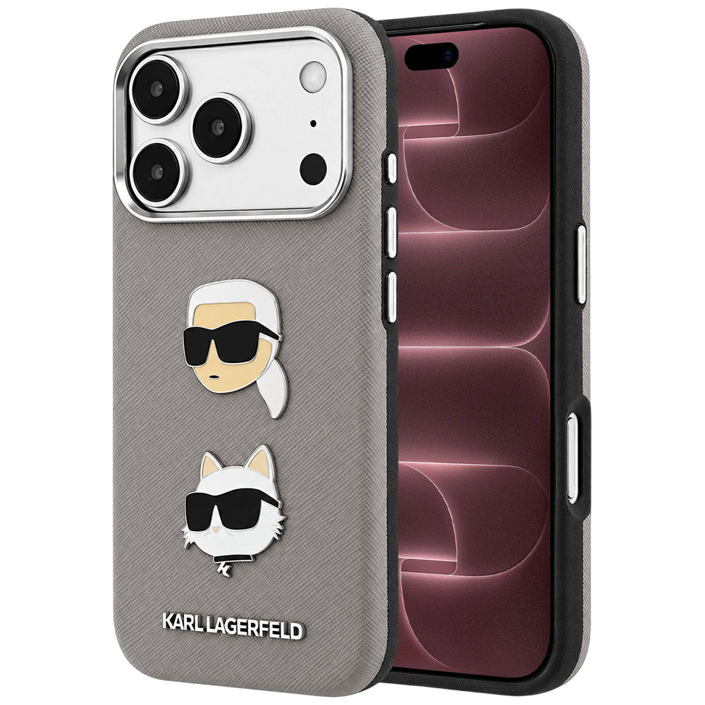 Custodia per Apple iPhone 18 Pro Max / 17 Pro Max, Karl Lagerfeld, Saffiano con spilla con le teste di Karl e Choupette e logo, grigia