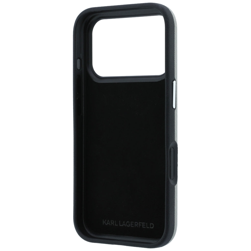 Custodia per Apple iPhone 18 Pro Max / 17 Pro Max, Karl Lagerfeld, Saffiano con spilla con le teste di Karl e Choupette e logo, grigia