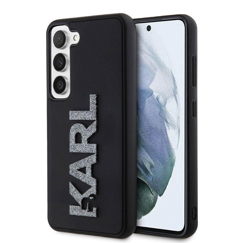 Custodia per Samsung Galaxy S23 S911, Karl Lagerfeld, Logo Glitter in Gomma 3D, Nera