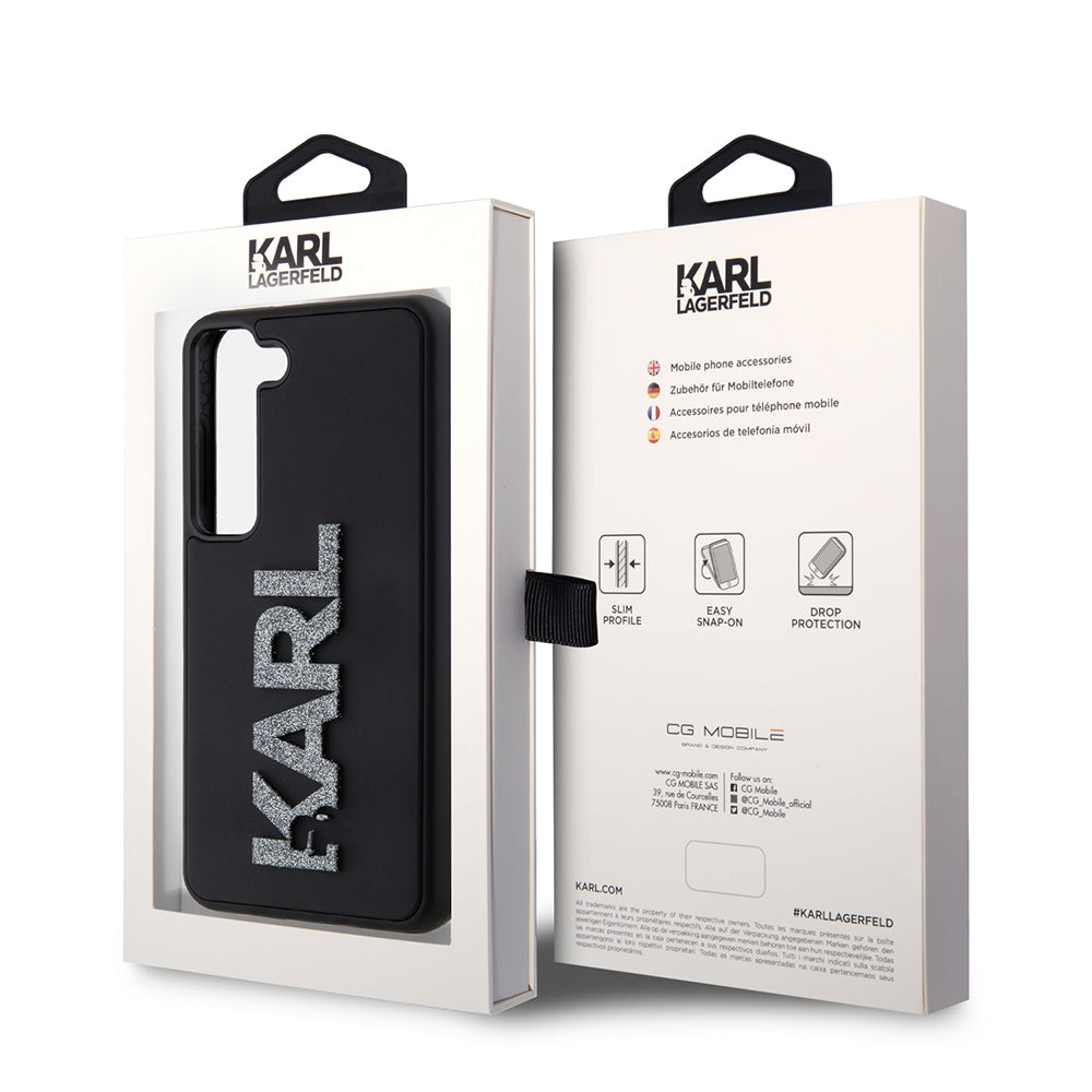 Custodia per Samsung Galaxy S23 S911, Karl Lagerfeld, Logo Glitter in Gomma 3D, Nera