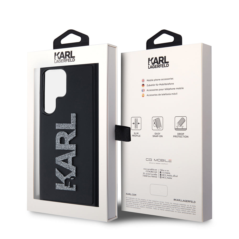 Custodia per Samsung Galaxy S23 Ultra S918, Karl Lagerfeld, Logo Glitter in Gomma 3D, Nera
