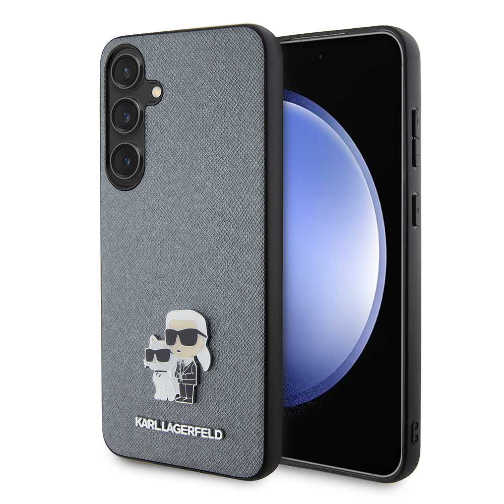 Custodia per Samsung Galaxy S24+ S926, Karl Lagerfeld, Saffiano Karl & Choupette Metal, Grigio
