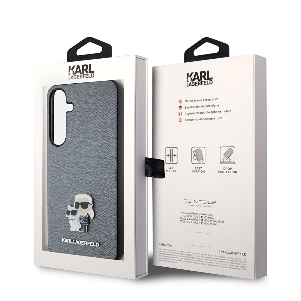 Custodia per Samsung Galaxy S24+ S926, Karl Lagerfeld, Saffiano Karl & Choupette Metal, Grigio
