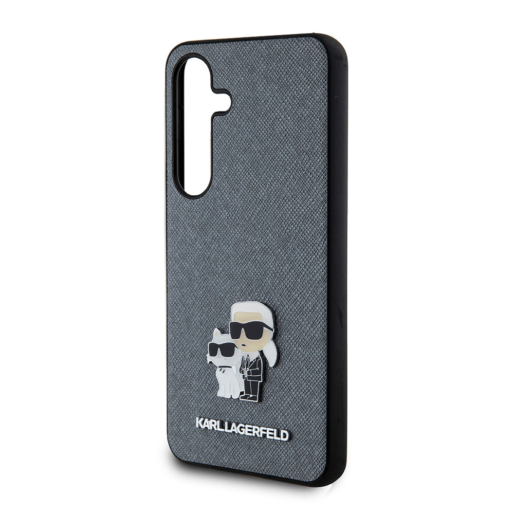 Custodia per Samsung Galaxy S24 S921, Karl Lagerfeld, Saffiano Karl & Choupette Metal, Grigio