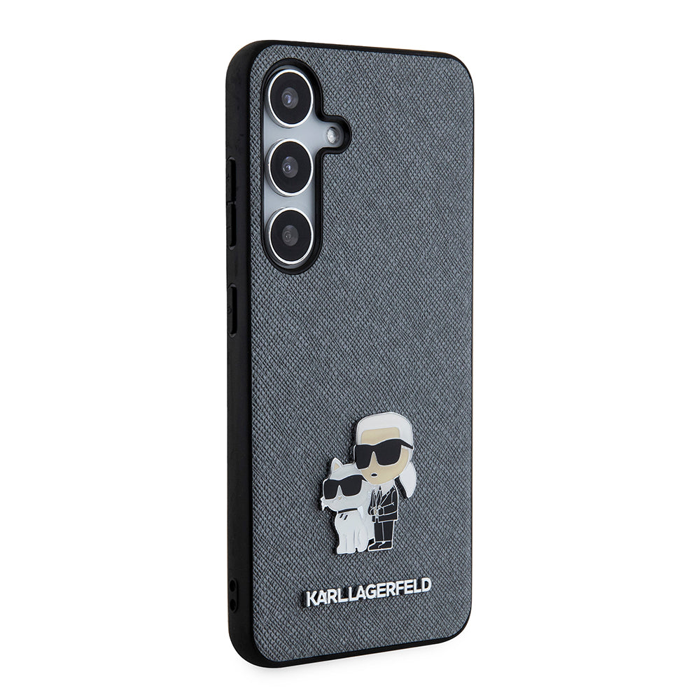Custodia per Samsung Galaxy S24 S921, Karl Lagerfeld, Saffiano Karl & Choupette Metal, Grigio
