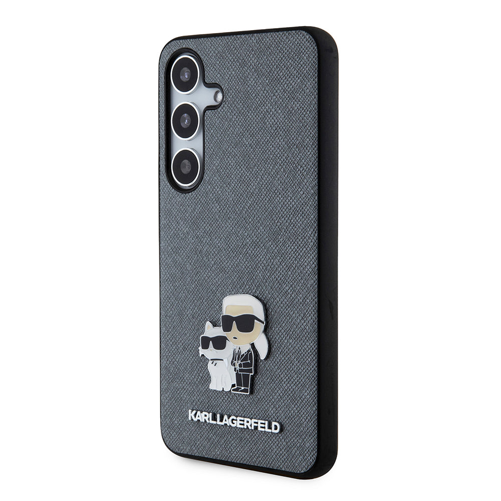 Custodia per Samsung Galaxy S24 S921, Karl Lagerfeld, Saffiano Karl & Choupette Metal, Grigio