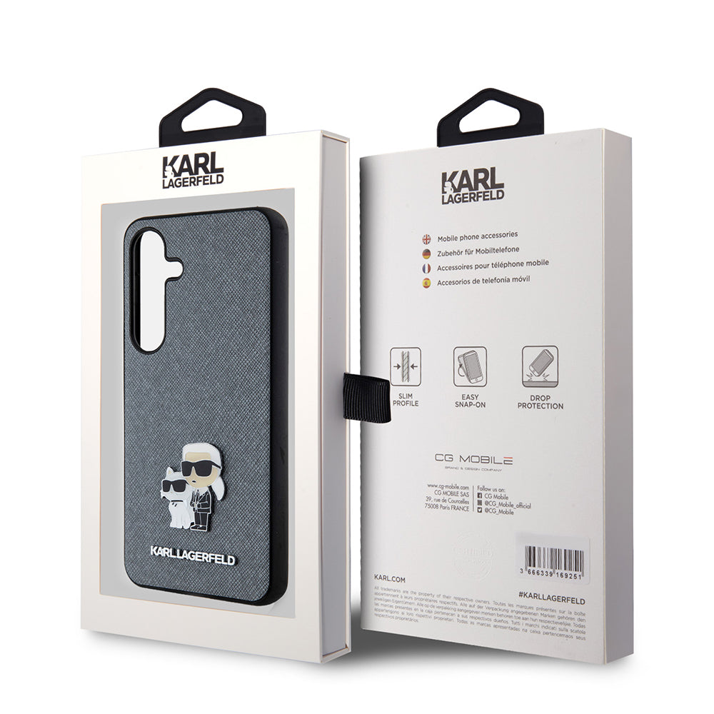 Custodia per Samsung Galaxy S24 S921, Karl Lagerfeld, Saffiano Karl & Choupette Metal, Grigio