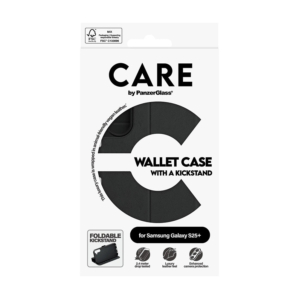 Custodia per Samsung Galaxy S25+ S936, PanzerGlass, Care Feature Kickstand Wallet, Nera