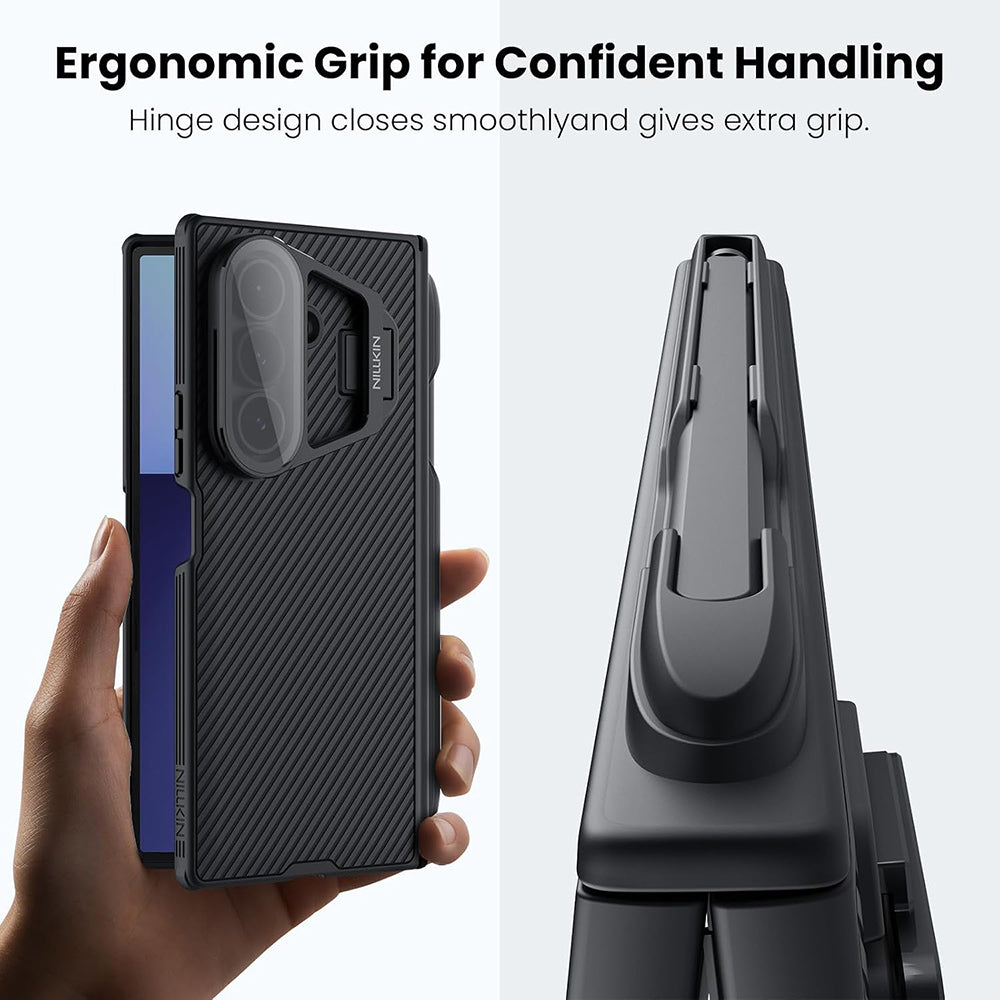 Custodia per Samsung Galaxy Z Fold7 F966, Nillkin, CamShield Prop con copertura trasparente per lente e supporto per S-Pen, Nera